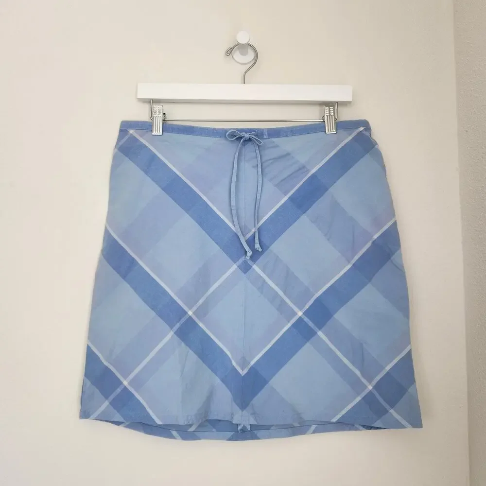 Y2K SO Cotton Blue White Diagonal Plaid Mini Skirt Fitted Stretchy Women's M L